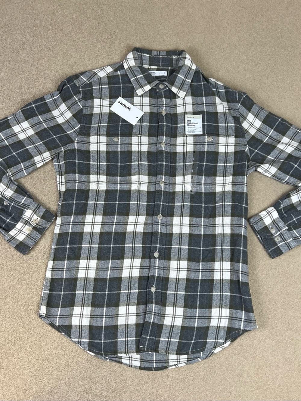 Sonoma The Supersoft Flannel Shirt. 100% Cotton, Plaid. White. Men's Sz Small